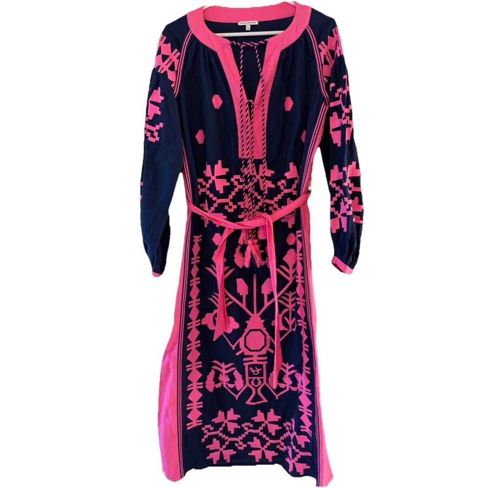 Frances Valentine XS Navy Pink Embroidered Linen Cotton Midi Dress Belted - Picture 2 of 11